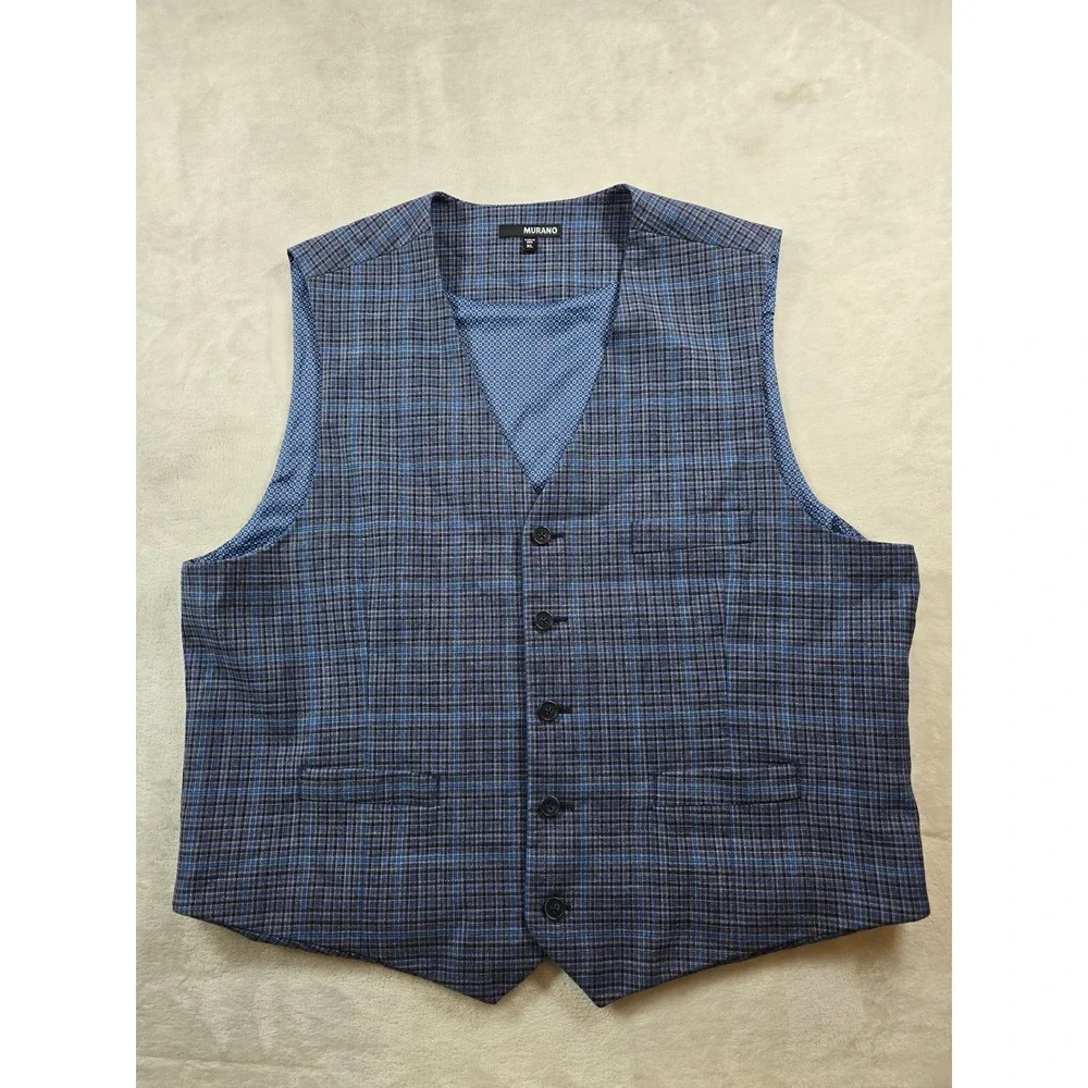 Murano Suit Vest Mens XL Blue Plaid Polyester Stretch Dress Waistcoat